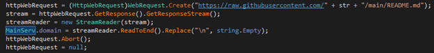 Figure 3. Code used to locate the C2 server within a GitHub account.