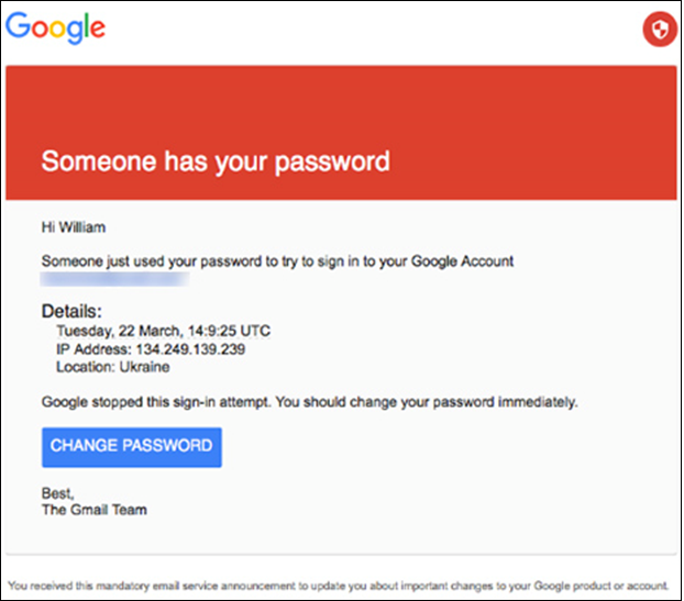 IRON TWILIGHT spearphishing email targeting a Gmail user.
