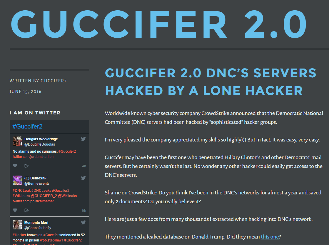 Guccifer 2.0’s website claiming responsibility for the compromise of the DNC’s network.