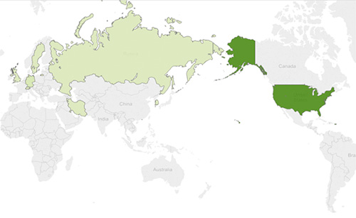 Figure 7. Geolocation of TG-3390 infrastructure observed by CTU researchers. The dark green signifies a high count of C2 registrars and IP net blocks, while the light green represents a smaller count. (Source: Dell SecureWorks)
