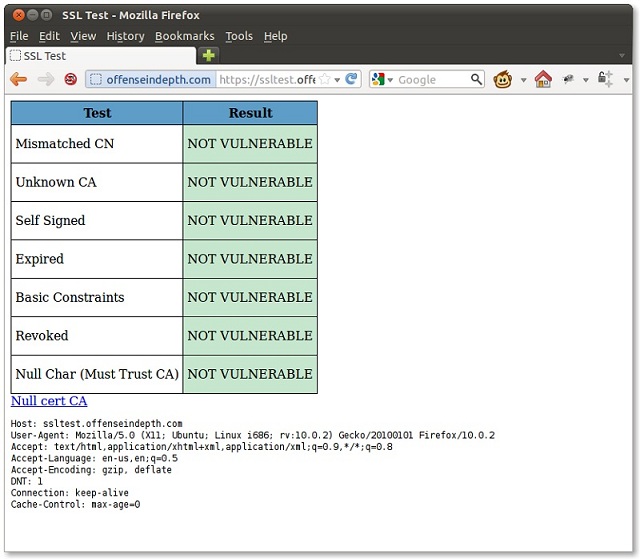 SSL test framework showing no vulnerabilities.