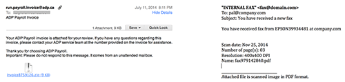 Figure 2. Spam email lure samples dropping Dyre via Upatre downloader as an attachment. (Source: Dell SecureWorks)