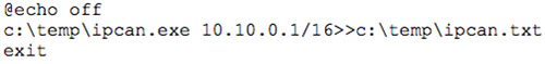 Figure 12. nbtscan batch script (renamed ipcan.exe) used to profile network. (Source: Dell SecureWorks)