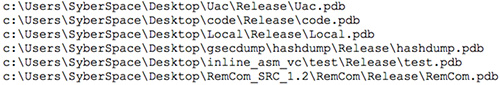 Figure 21. PDB strings containing the 'SyberSpace' username. (Source: Dell SecureWorks)