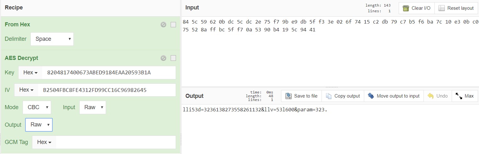 AES decrypting Karagany C2 beacon using CyberChef.