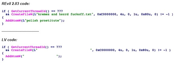 LV code segment duplicating REvil 2.03 code but replacing strings with spaces.